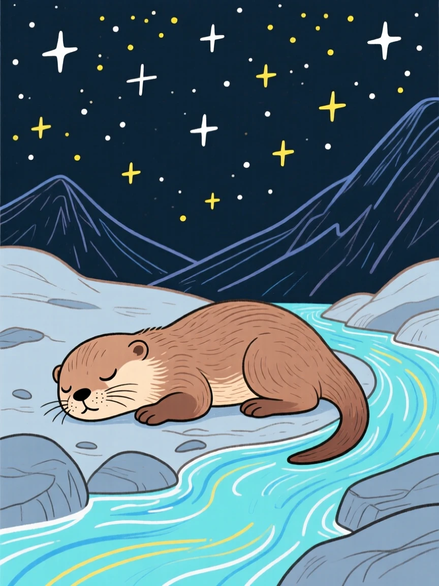 A baby otter napping beside a mountain stream under a clear starry sky.