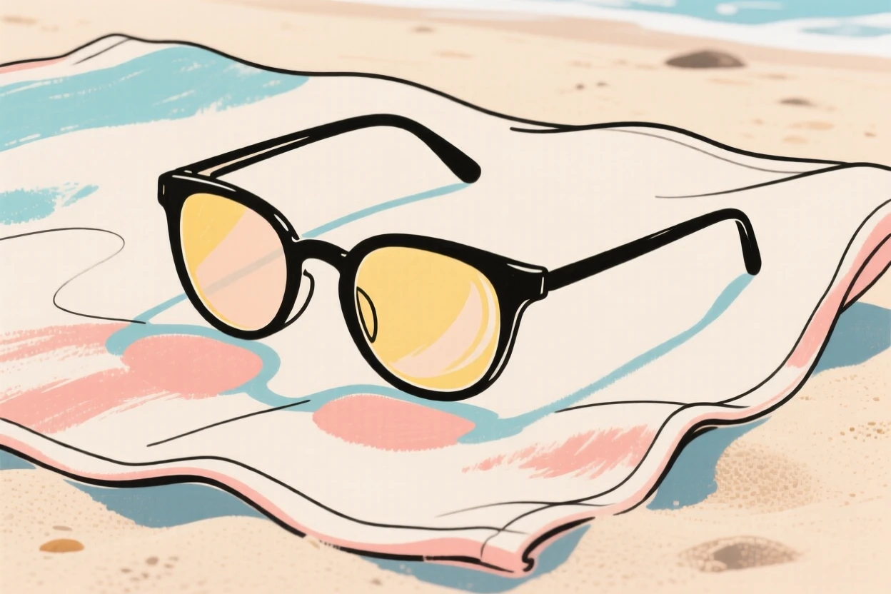 A pair of sunglasses on a beach towel