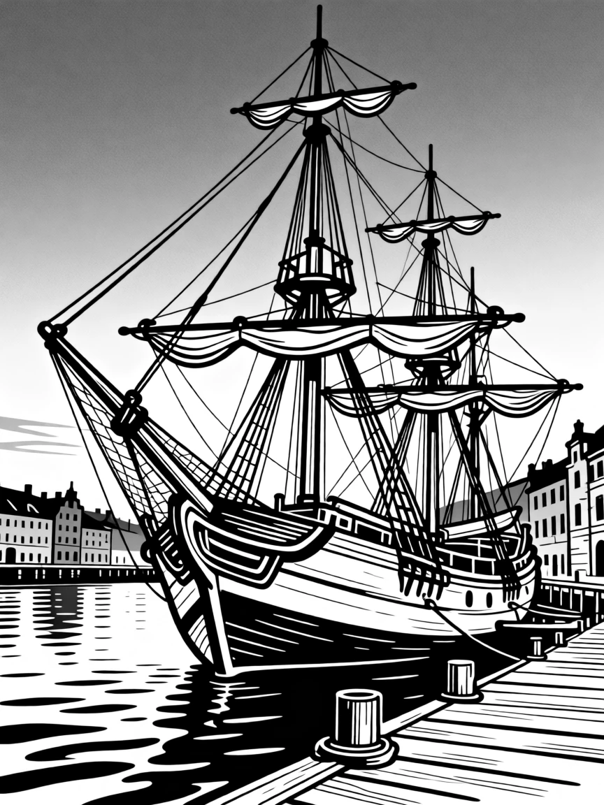 A classic wooden sailing ship docked in a historic harbor at dusk.