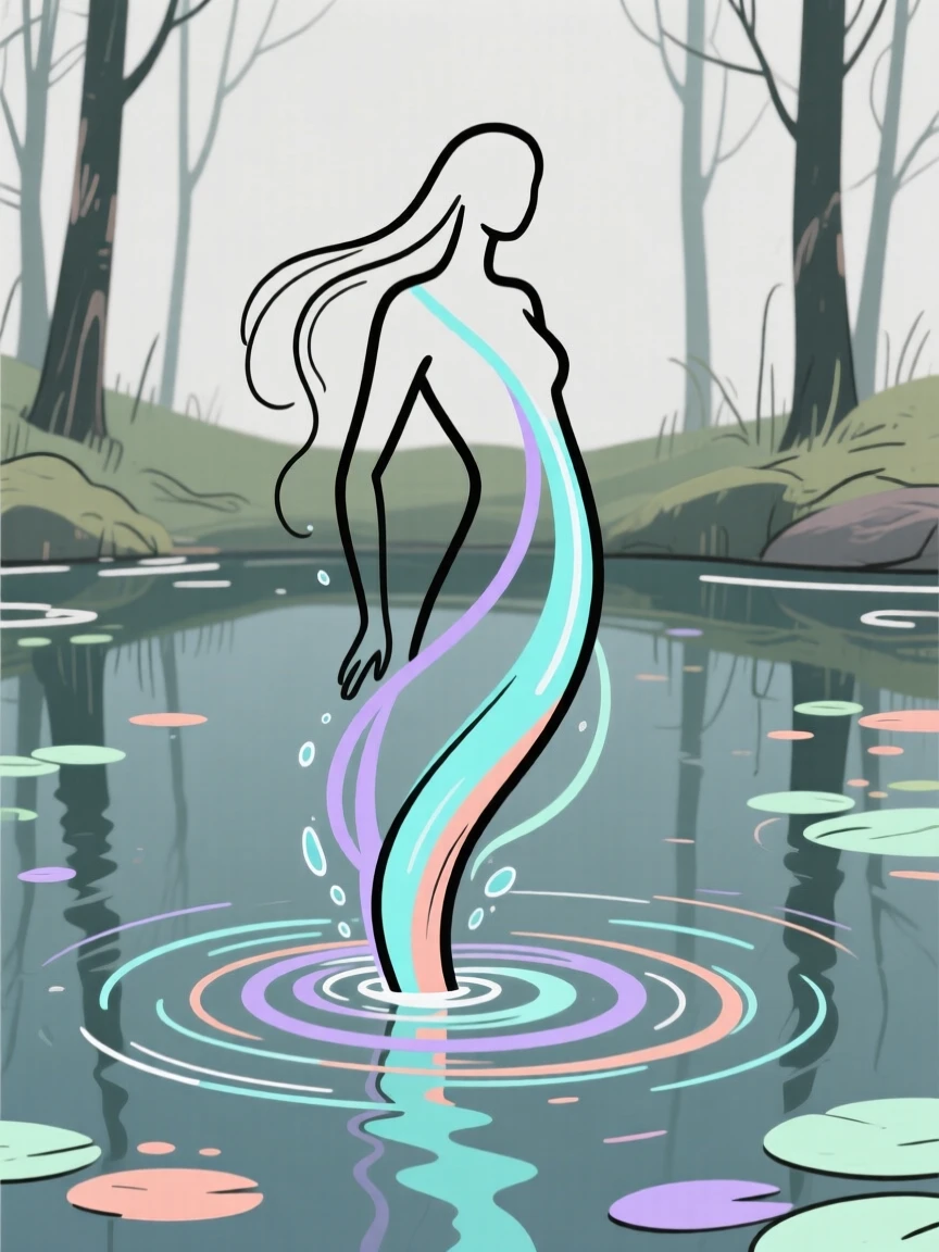A water spirit rising gracefully from a still forest pond.