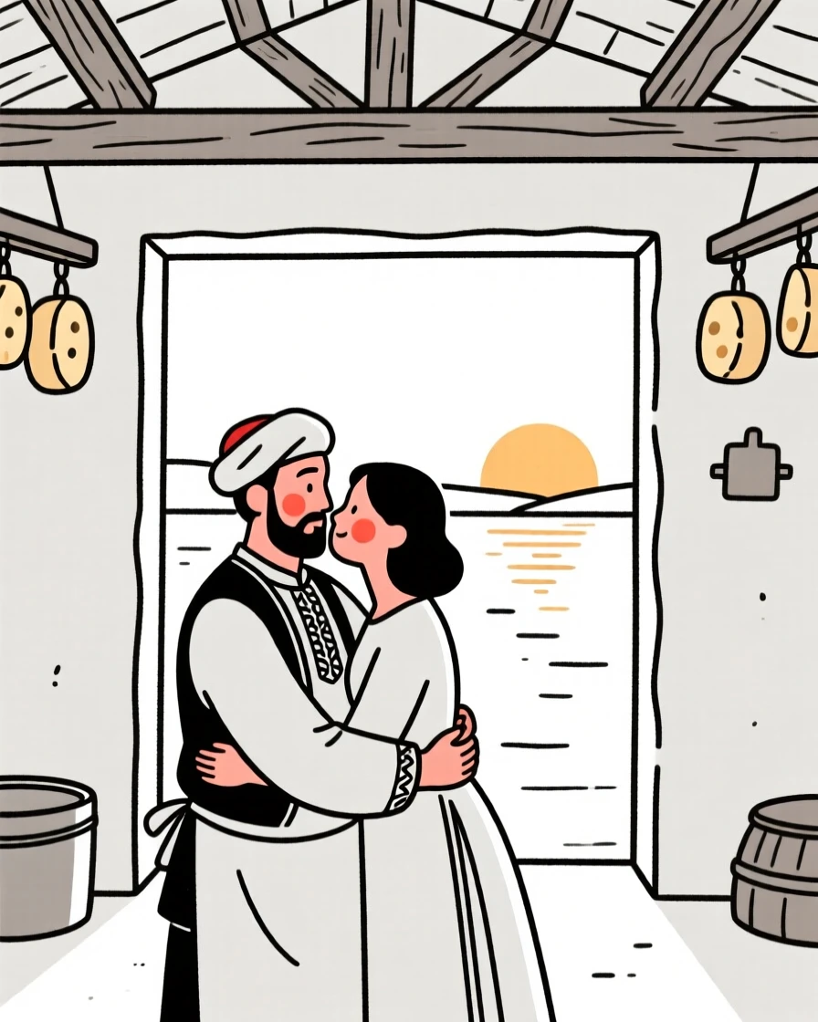 A cheesemaker of turkish heritage in a rustic cellar, sharing a tender embrace, beside a calm lake at sunrise.