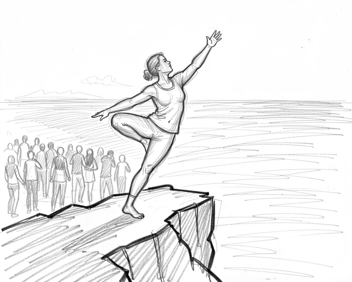 A dynamic action shot of a yoga practitioner holding a pose on a cliffside on an open ocean horizon, with the crowd blurred in the background.