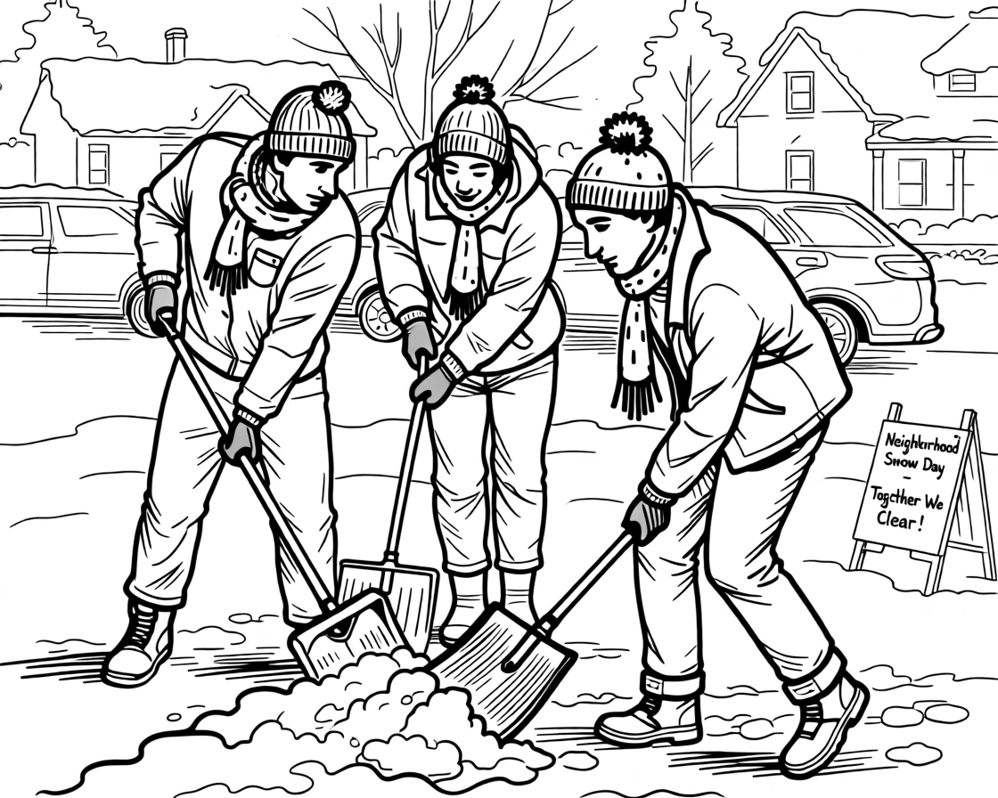 A group of neighbors shoveling snow together after a winter storm.