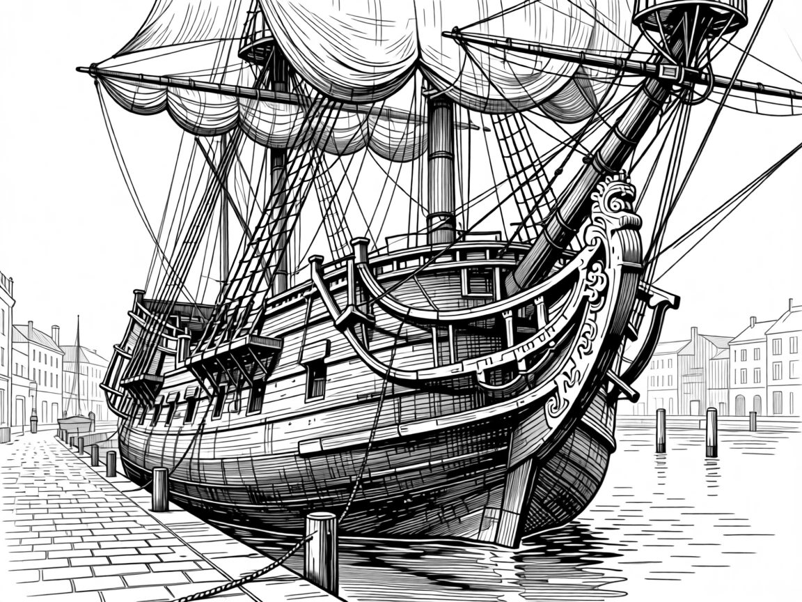 An old-world sailing ship anchored in a harbor amid the quiet hum of a bustling old city, with the quiet dignity of long-held tradition, portrayed in a solemn and dignified historical scene.