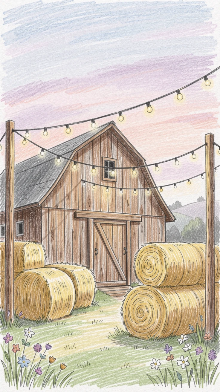 A rustic countryside barn wedding with hay bales and string lights, set against a softly lit, atmospheric backdrop, capturing a quiet story that lingers with the viewer.