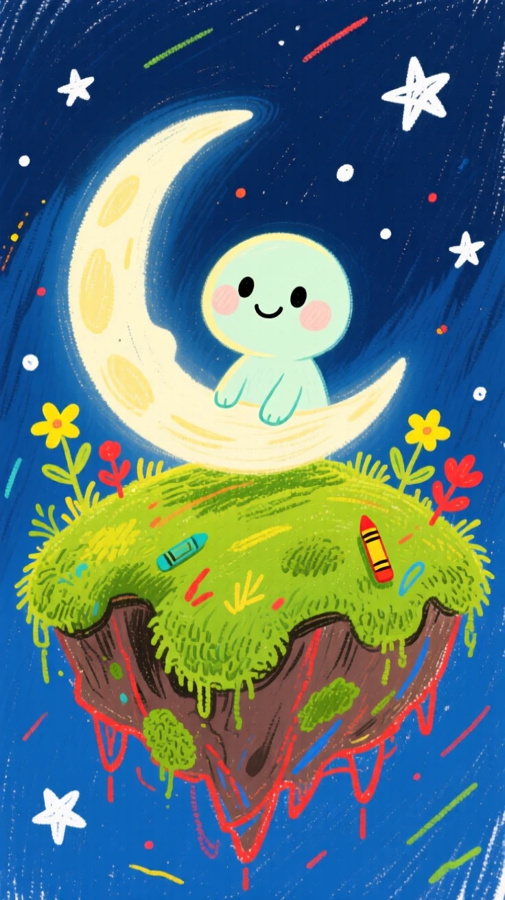 A moon spirit perched atop a floating moss covered island.