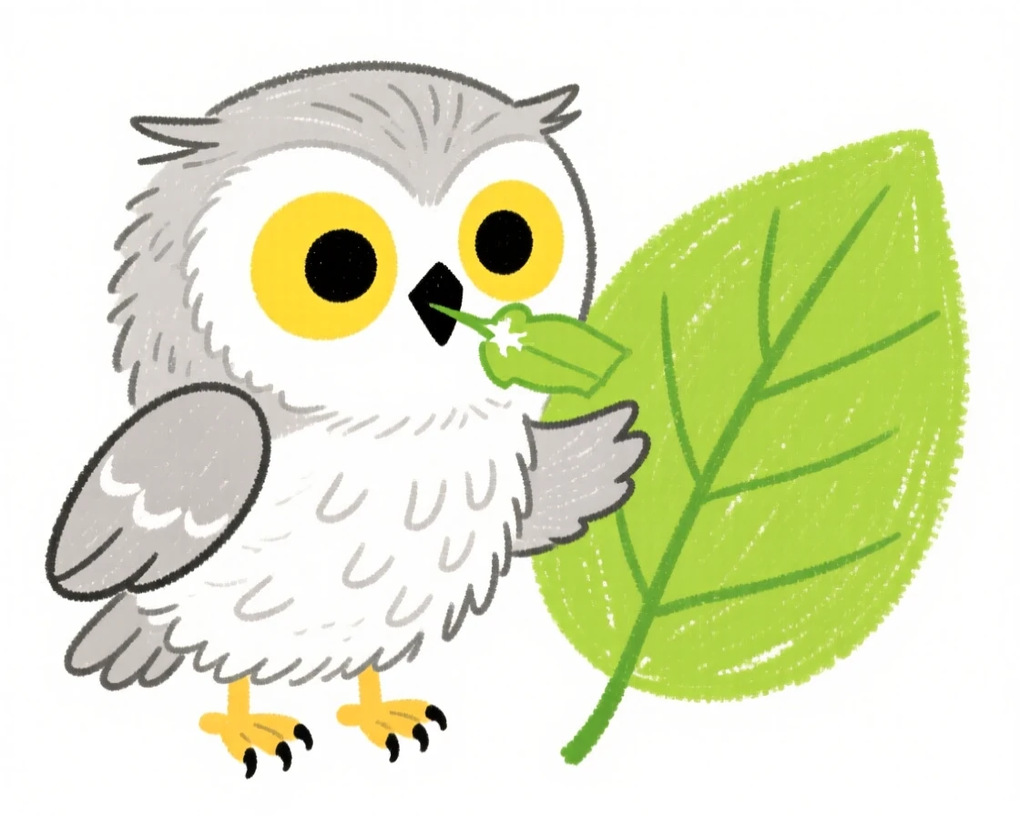 A downy owlet nibbling on a fresh green leaf.