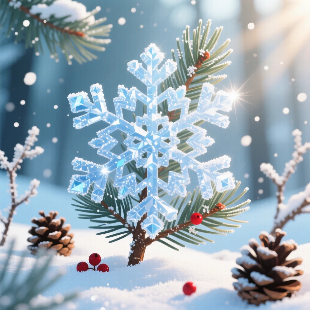 A snowflake-covered pine branch glistening in winter light, surrounded by natural seasonal textures and light, arranged with a cheerful, seasonal charm, with charming small details that evoke the season perfectly.