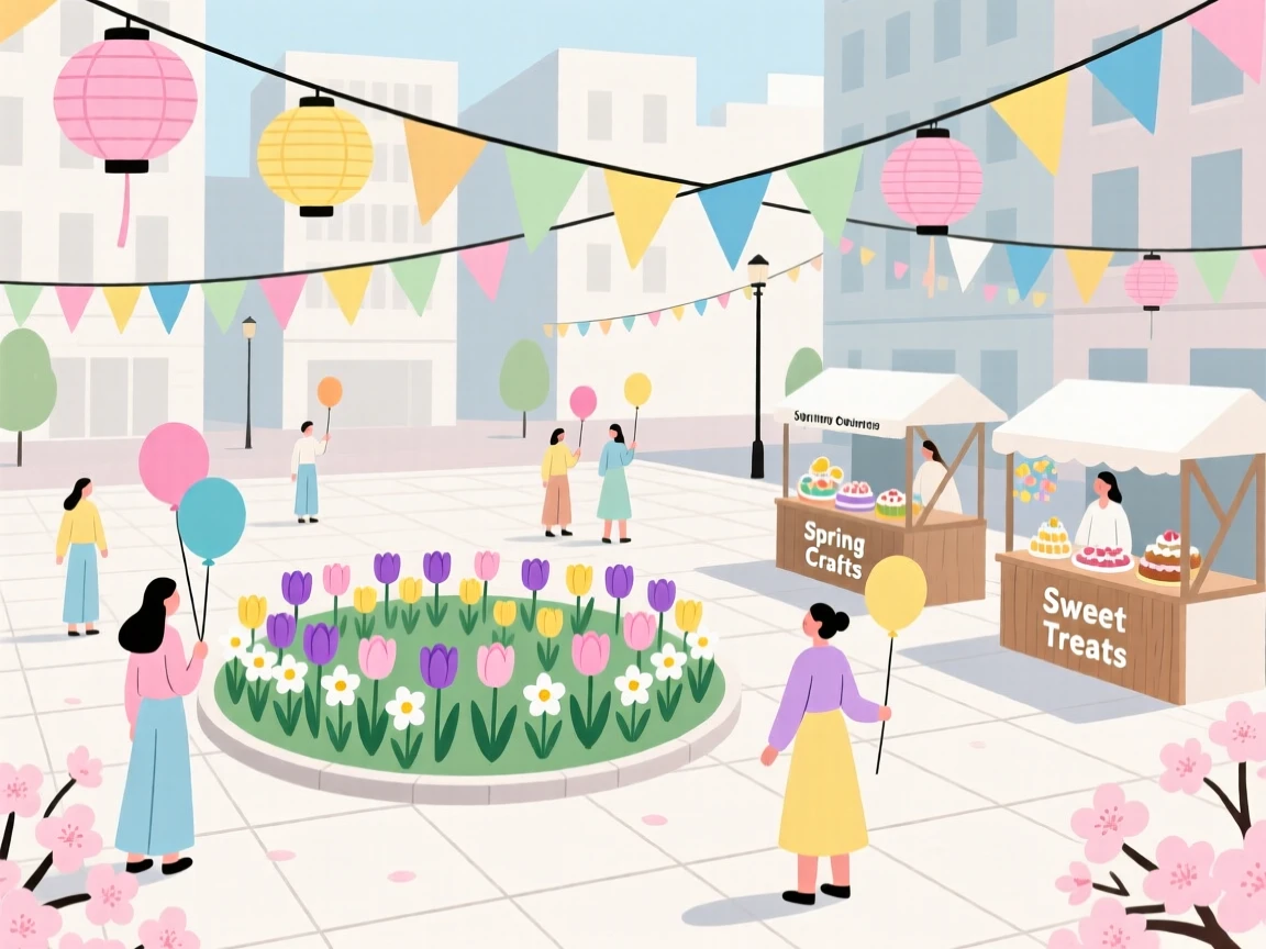 A spring celebration with colorful decorations filling a city plaza.