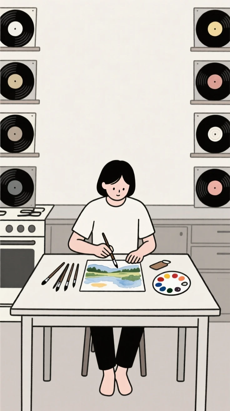 A person painting a watercolor landscape in a kitchen table, surrounded by stacks of vinyl records, showing focused calm.
