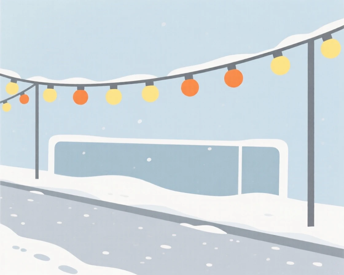 A festive string of lights along a snowy street