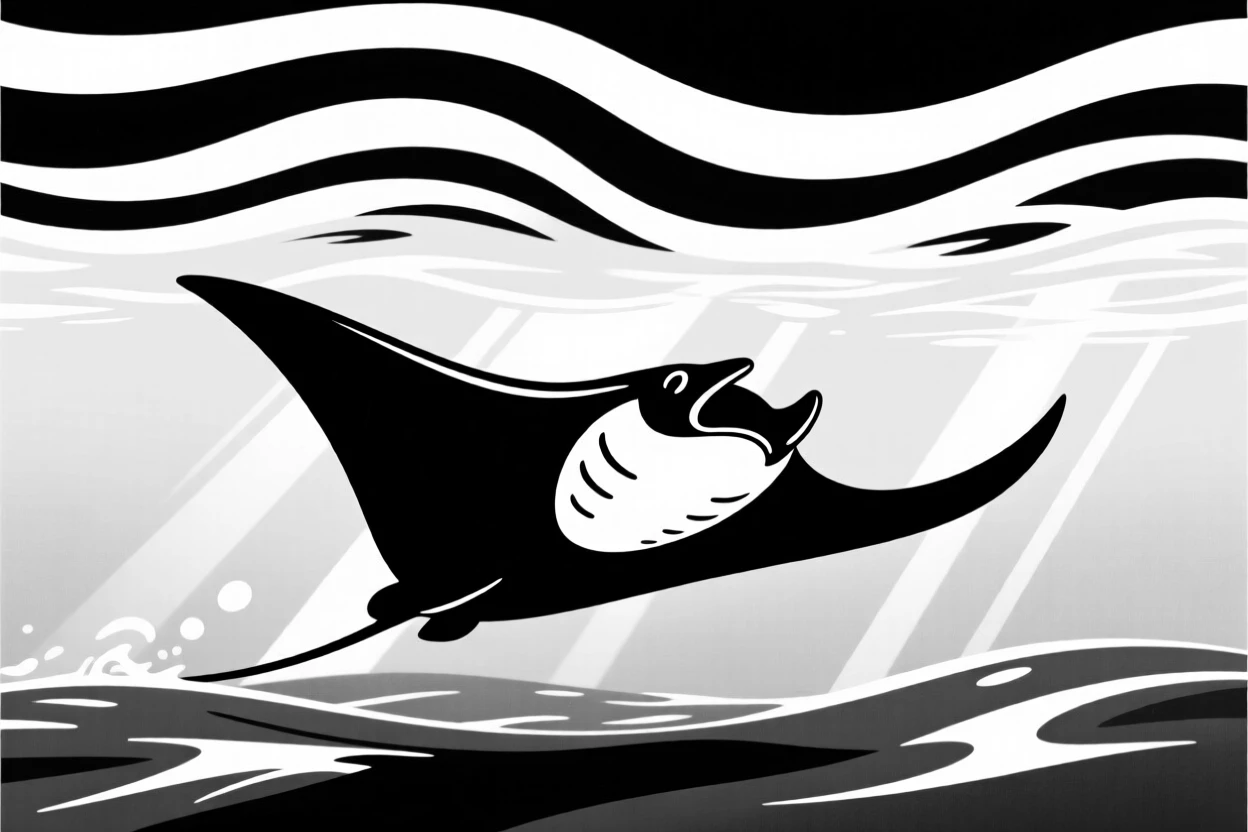 A manta ray gliding gracefully beneath sunlit ocean waves.