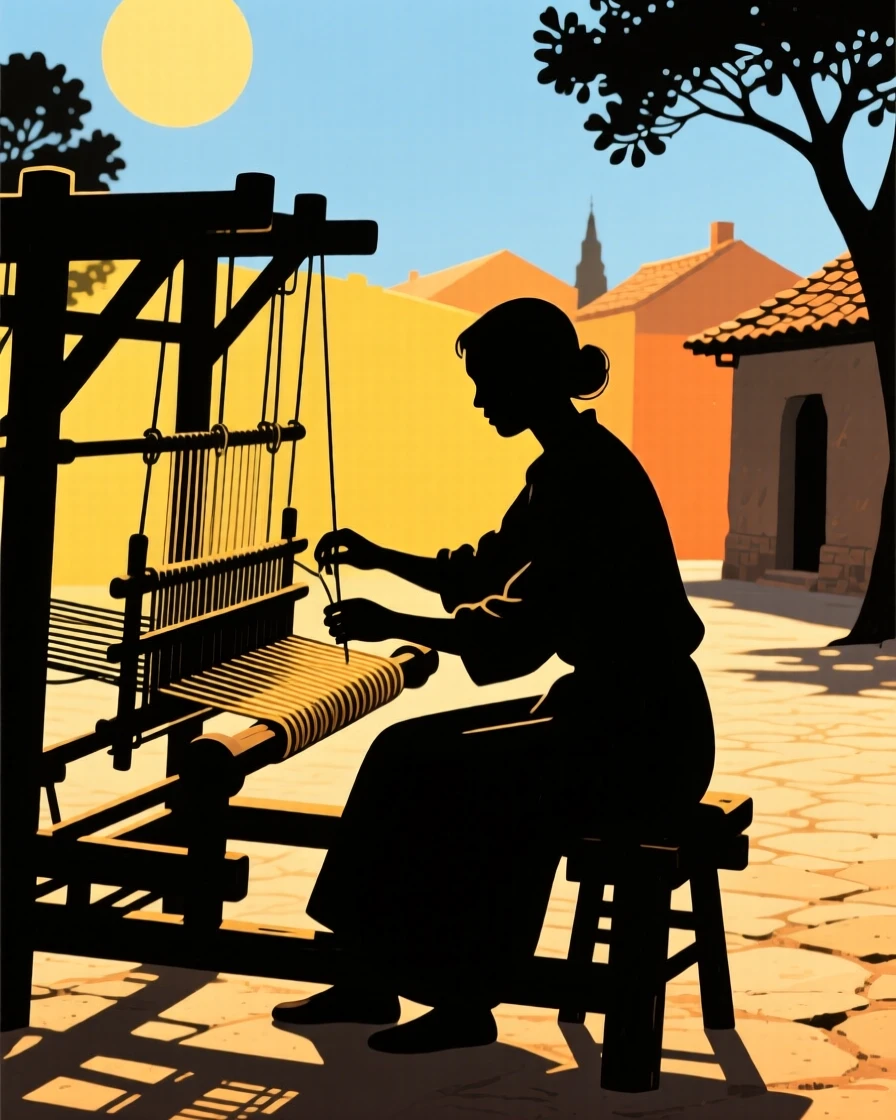 A weaver working a traditional loom in a sunlit village courtyard.