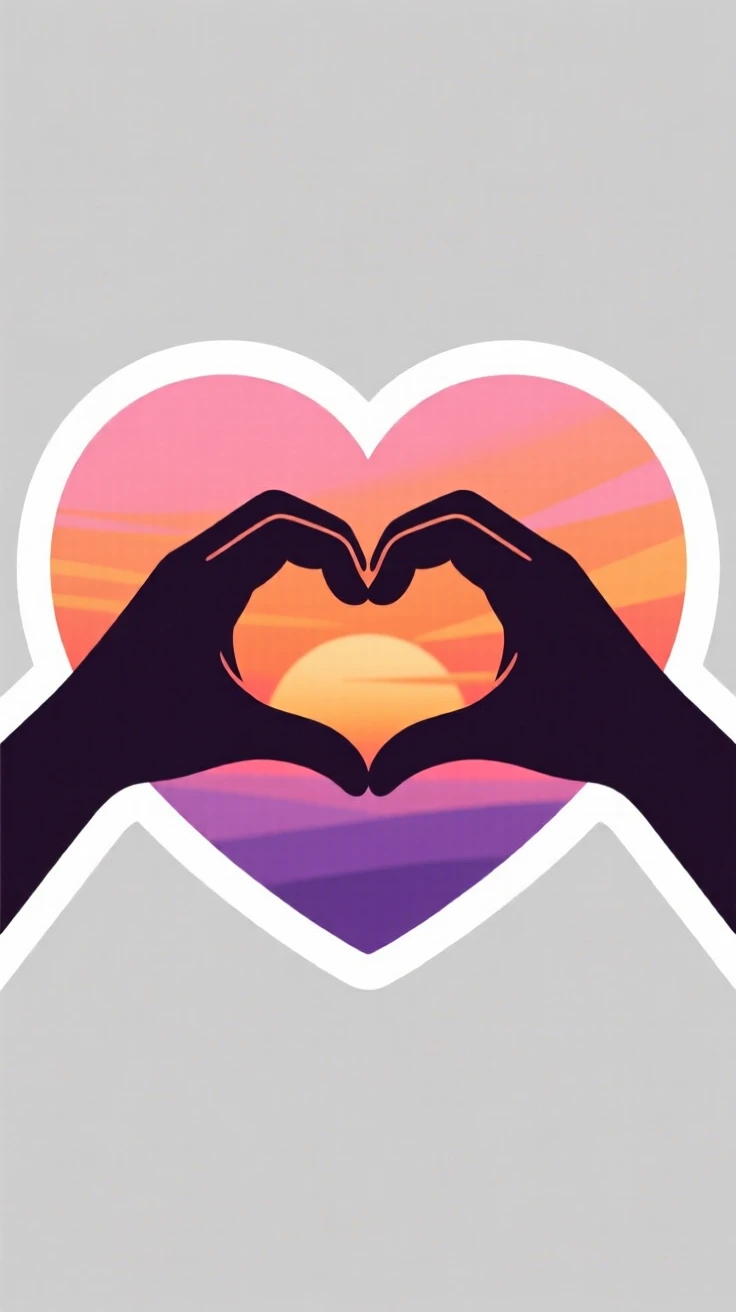 A calmly strong scene of a two hands forming a heart shape against a sunset, radiating a quiet sense of possibility, symbolizing quiet strength and resilience.