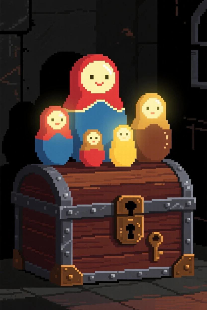 A set of nesting dolls each with a different face glowing softly in a dark room, atop a pirate's buried treasure chest.