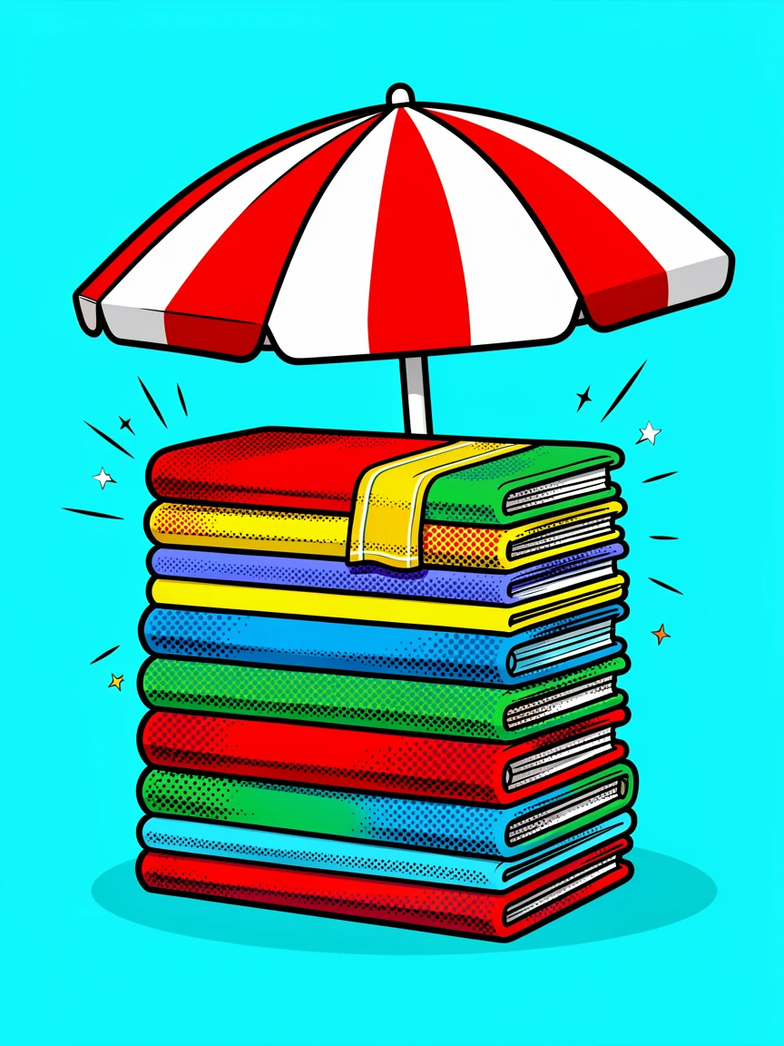 A stack of elaborate beach towels piled beside a striped umbrella