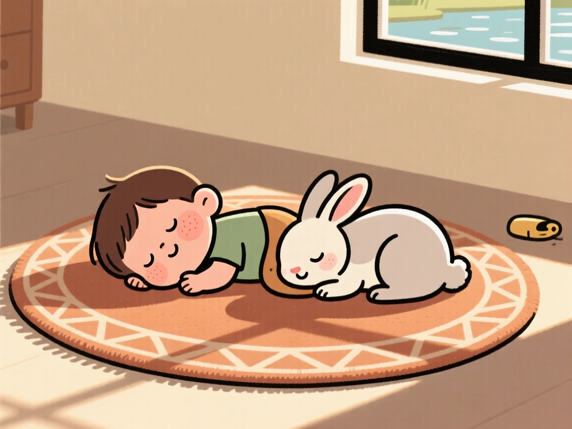 A rabbit curls up beside a sleeping toddler on a sunlit rug, both worn out after an afternoon of playing fetch by the pond.