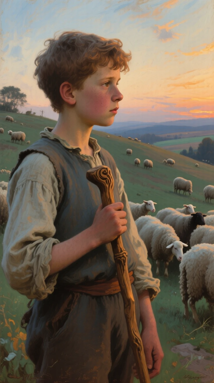 An intimate close-up of a shepherd boy leaning on his staff, watching his flock, at twilight, in the 1920s.