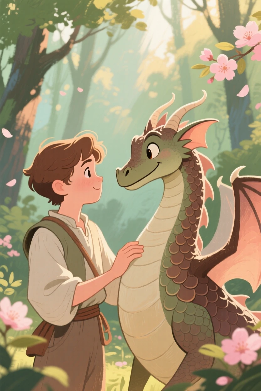 A young shepherd befriending a gentle woodland dragon