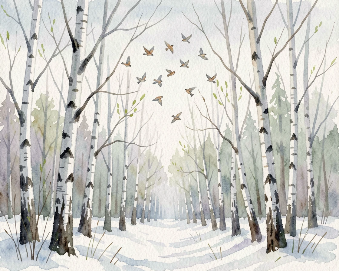 A birch forest in early spring during the first snowfall with a flock of birds crossing the sky.