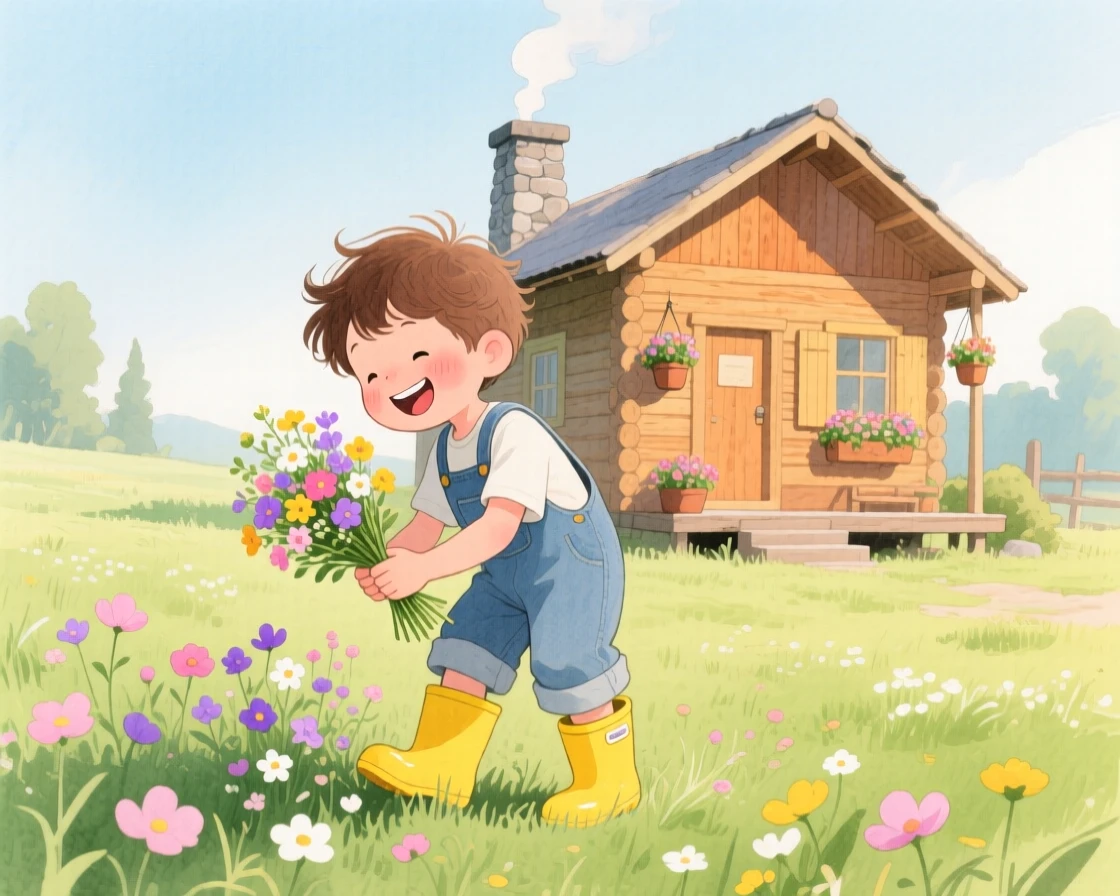 A young boy in rain boots picks wildflowers in a meadow beside a family cabin, laughter and joy filling the warm afternoon air