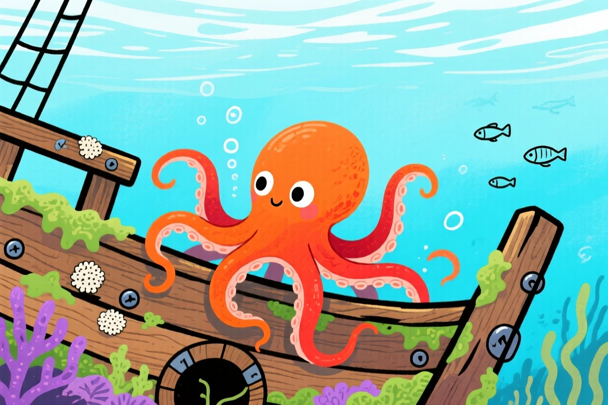 A vivid scene of an octopus curiously exploring a shipwreck.