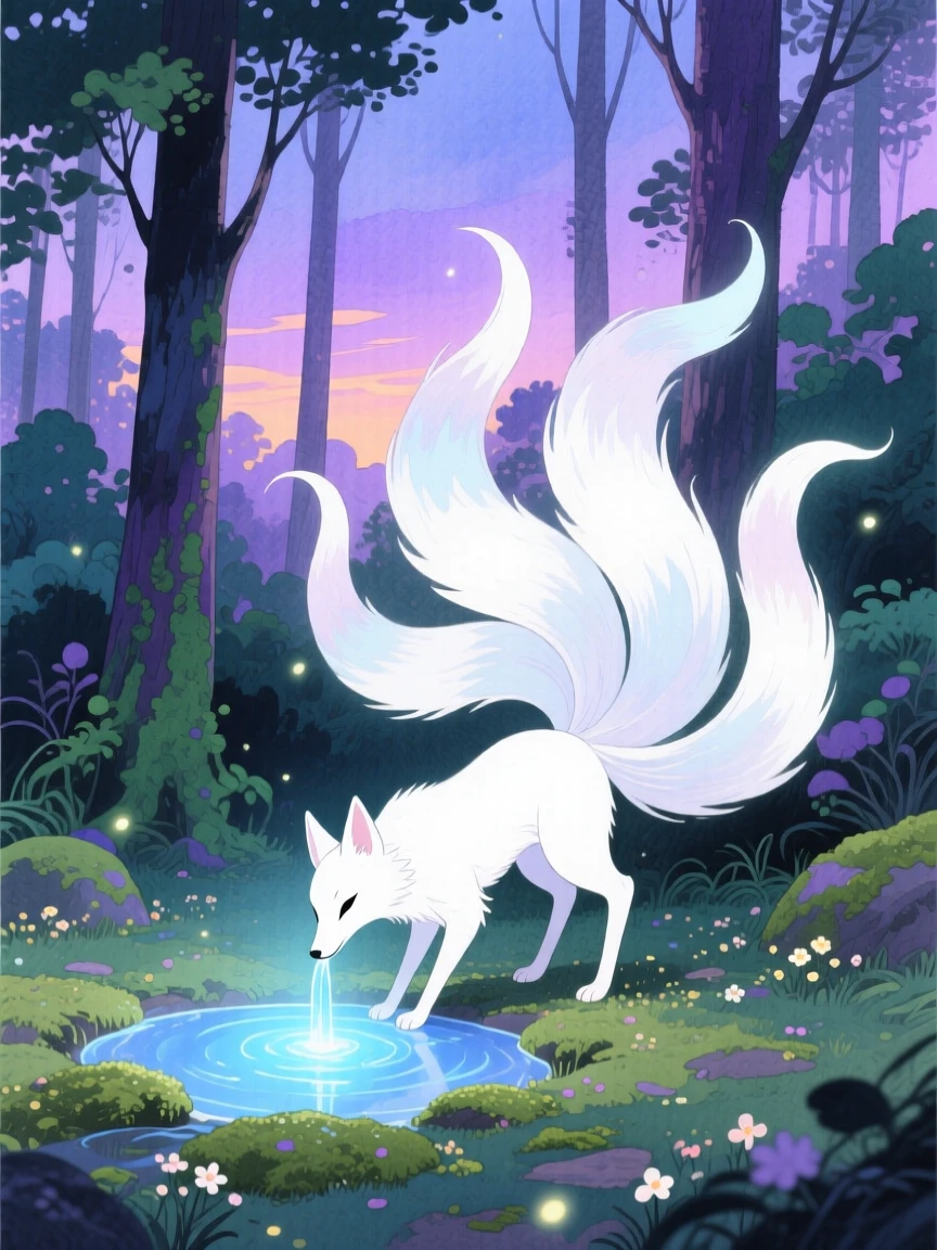 A snow-white kitsune with nine tails drinking from a magical spring that glows softly blue, in an enchanted forest at twilight, filled with a sense of peaceful mysticism.