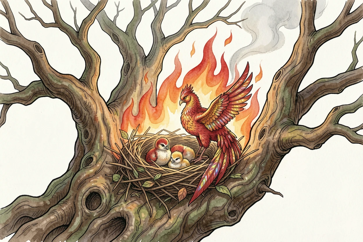 A phoenix nest cradled in the branches of a burning yet unconsumed tree, the atmosphere charged with quiet, ancient magic.