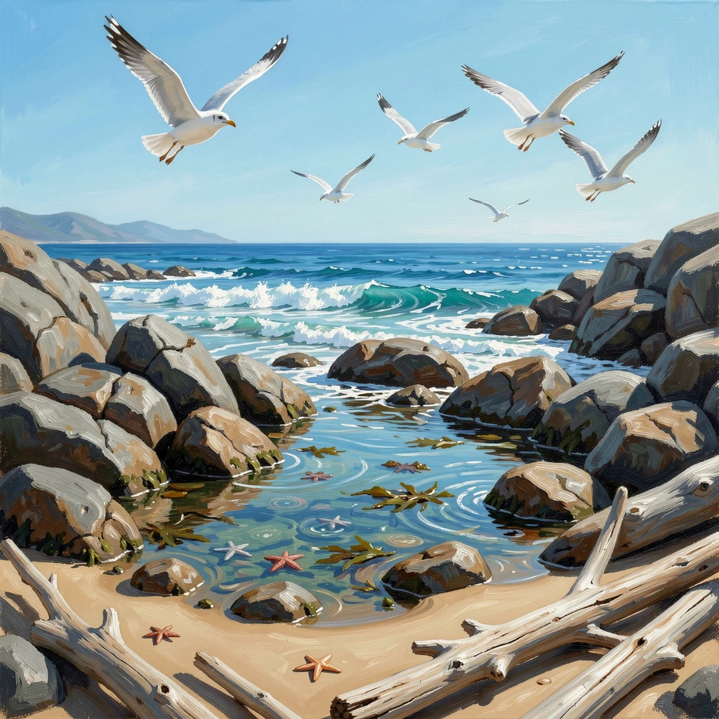A rocky cove with tidepools, gulls wheeling overhead as waves roll gently onto the shore, beside a scattering of smooth driftwood, on a clear summer afternoon with brilliant blue water.