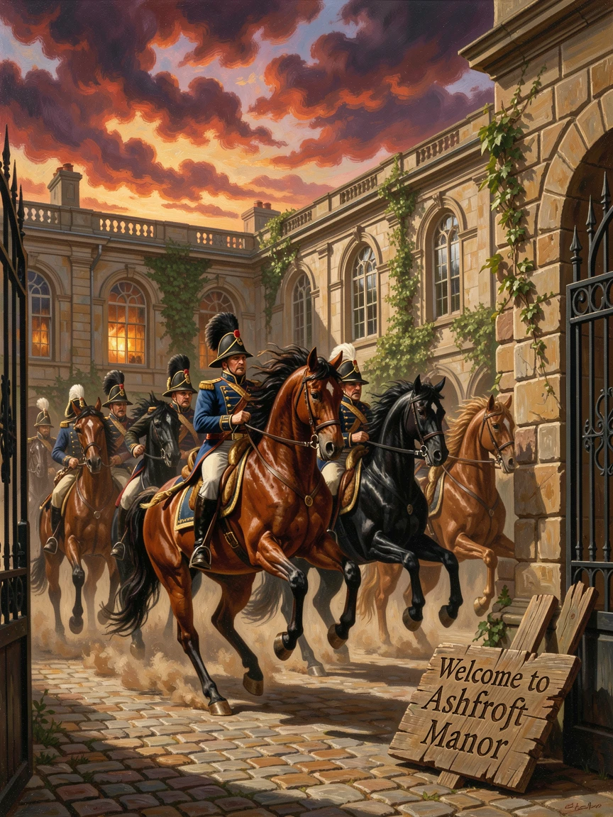 A cavalry unit rears before a charge upon a cobblestone courtyard of a grand estate beneath a fiery evening sky.