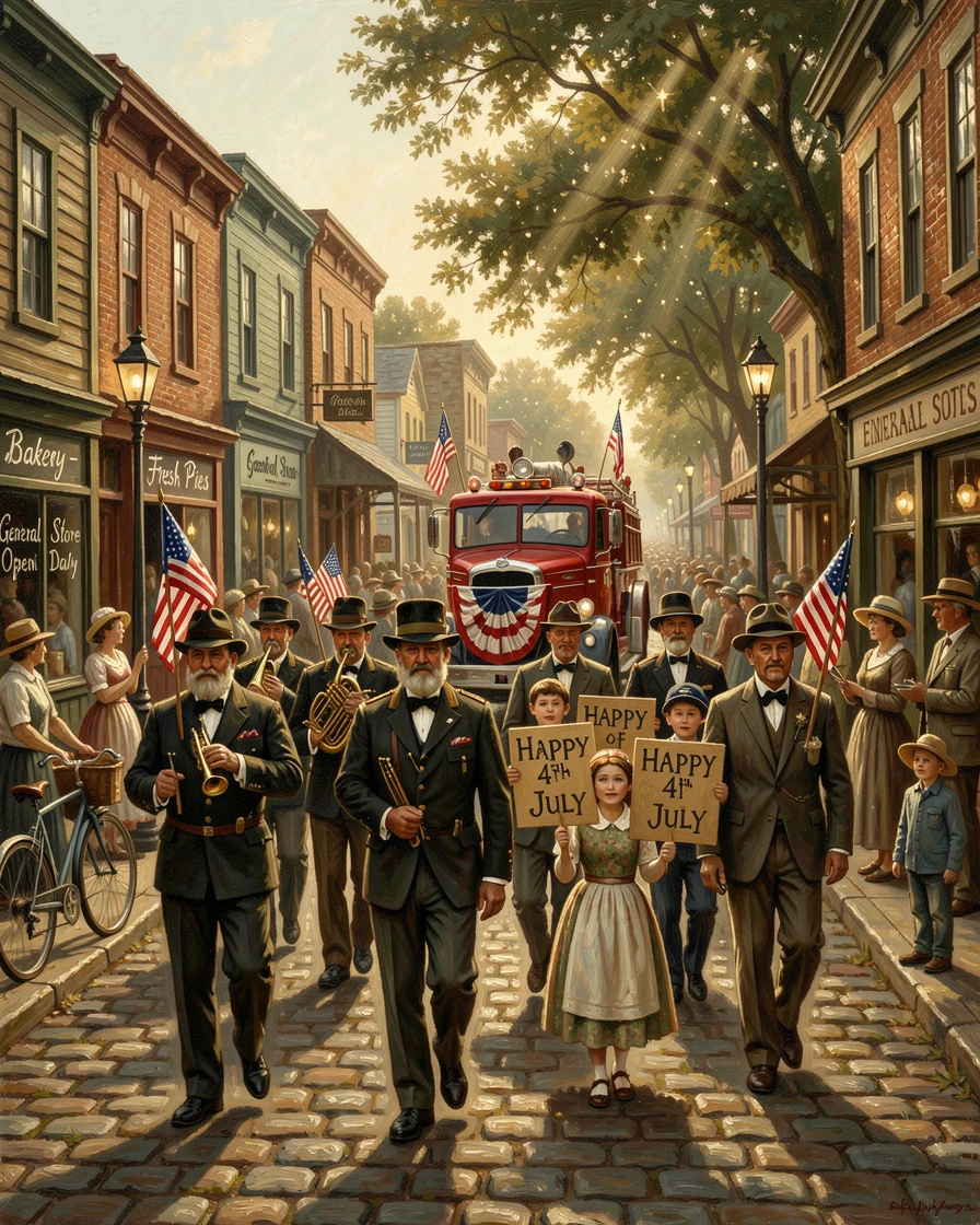 A summer 4th of July parade marching down a small-town main street, as golden or twinkling light creates a magical atmosphere, evoking cherished holiday memories and nostalgic feeling