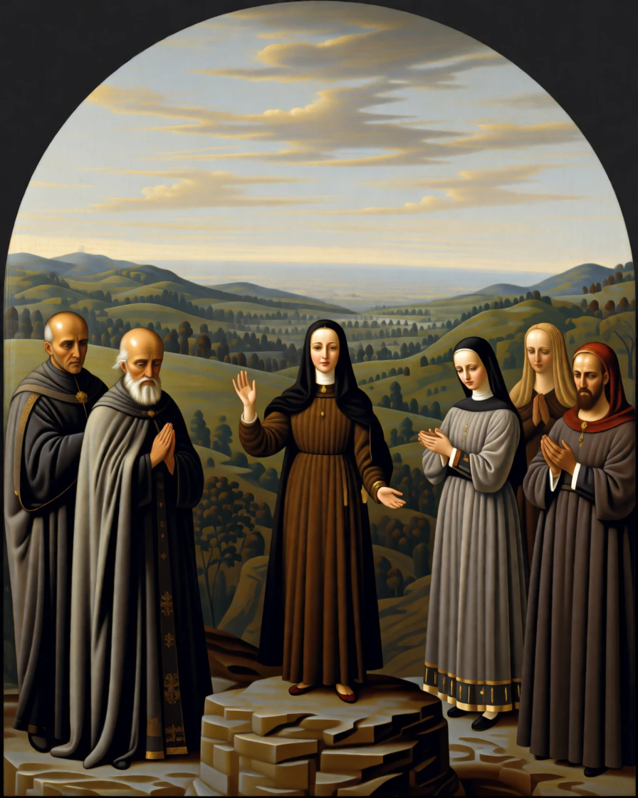 A young novice taking her first vows before a solemn assembly in a moment of profound spiritual clarity, set atop a remote mountain overlooking an endless valley, with open hands extended in a gesture of blessing or gratitude; converging figures form a reverent circle around the central moment, evoking reverence, humility, and quiet transcendence.