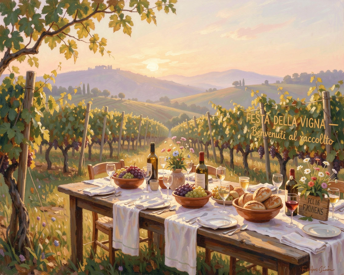 A rustic vineyard estate in the hills of Tuscany, long tables set for a golden-hour harvest feast, evoking timeless charm and quiet elegance.