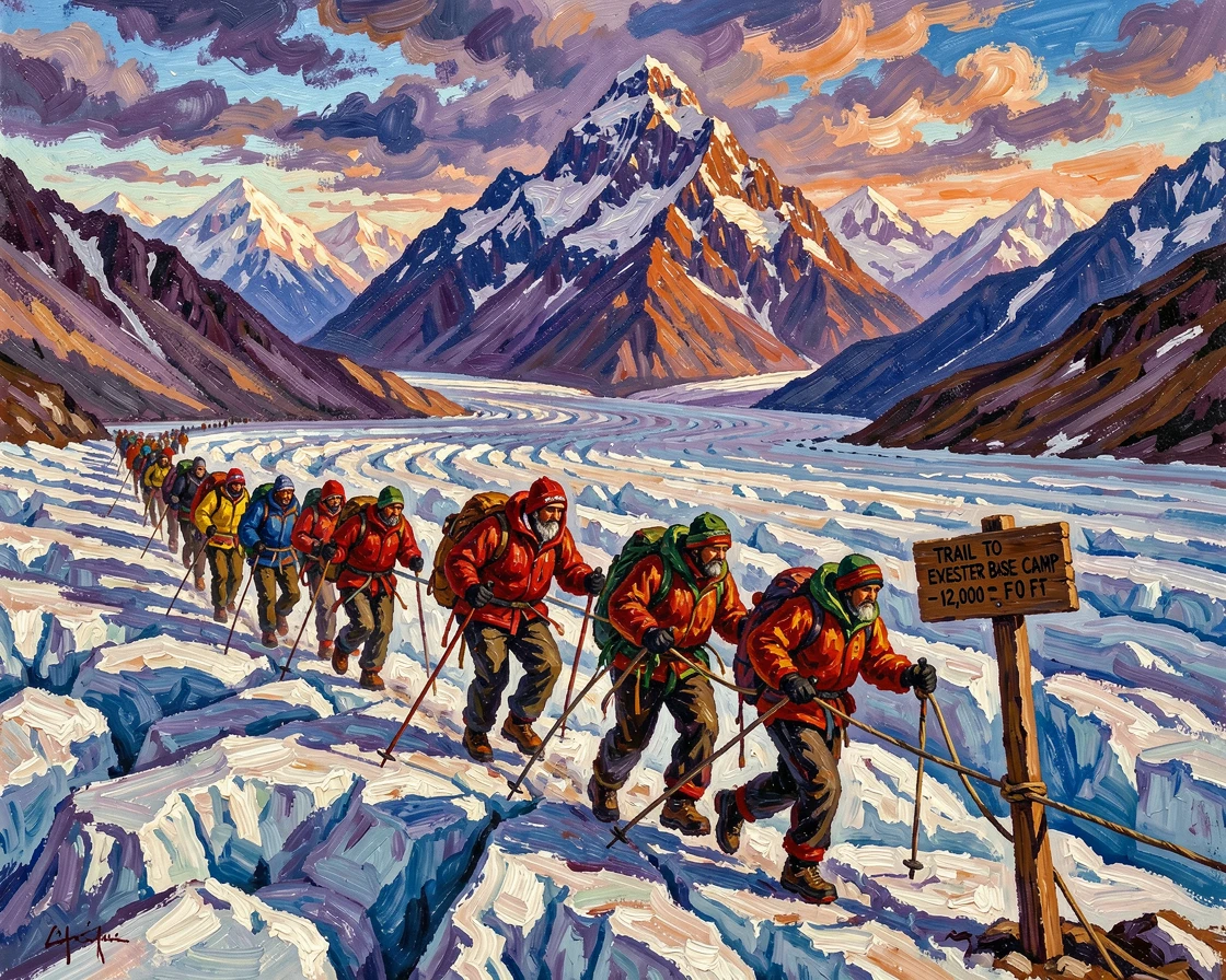 Sherpas leading a trekking expedition across a glacier beneath towering Himalayan peaks.