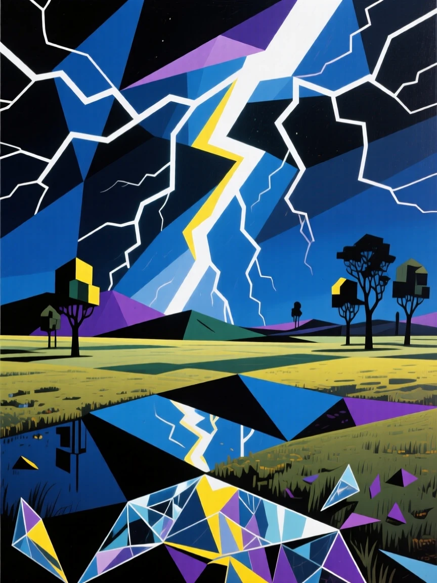 A dramatic lightning storm illuminating a wide open plain at night.