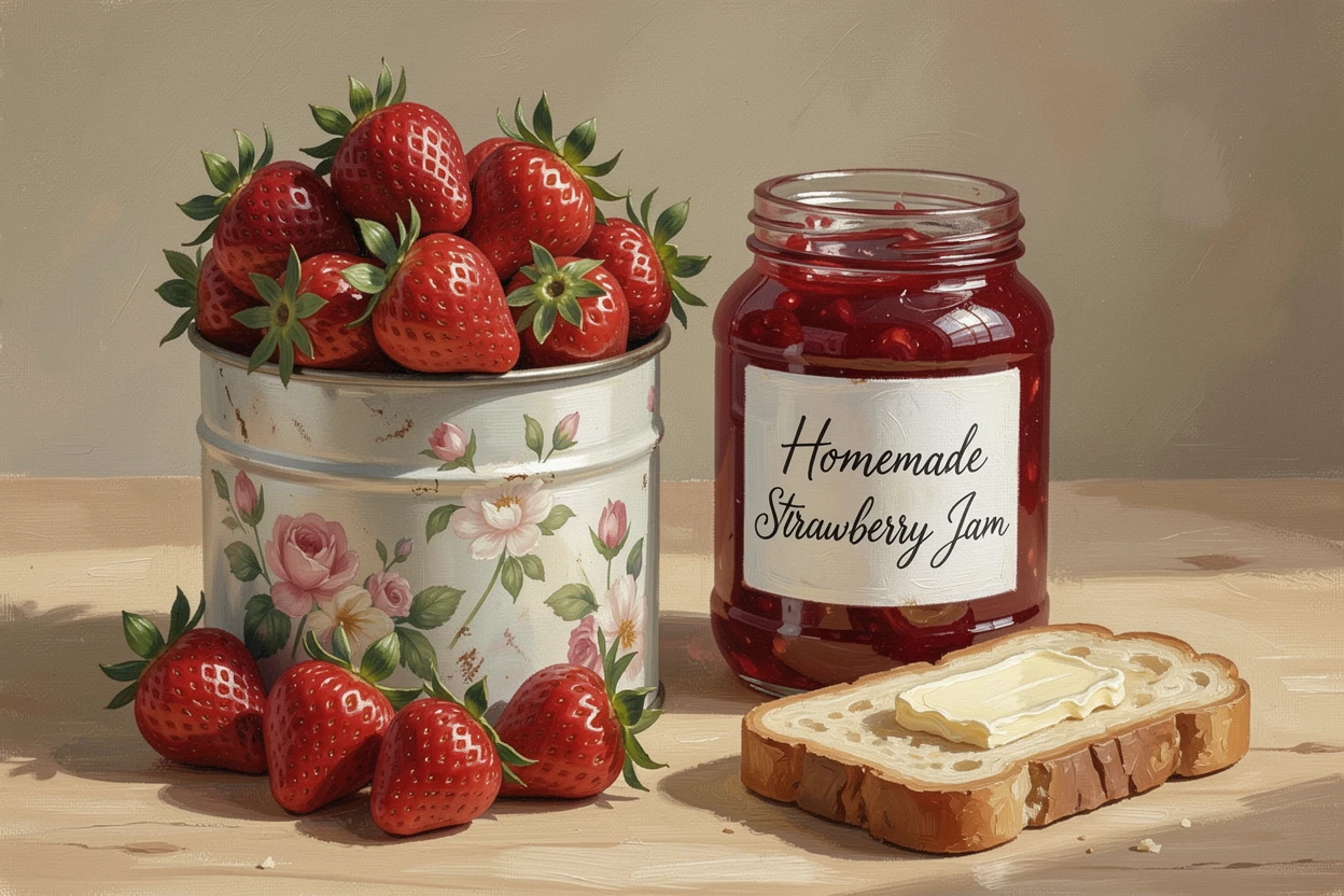 A cluster of fresh strawberries spills from a vintage tin beside a jar of homemade jam and a slice of buttered toast, the whole scene holding a quiet, unhurried stillness broken only by distant natural sounds.