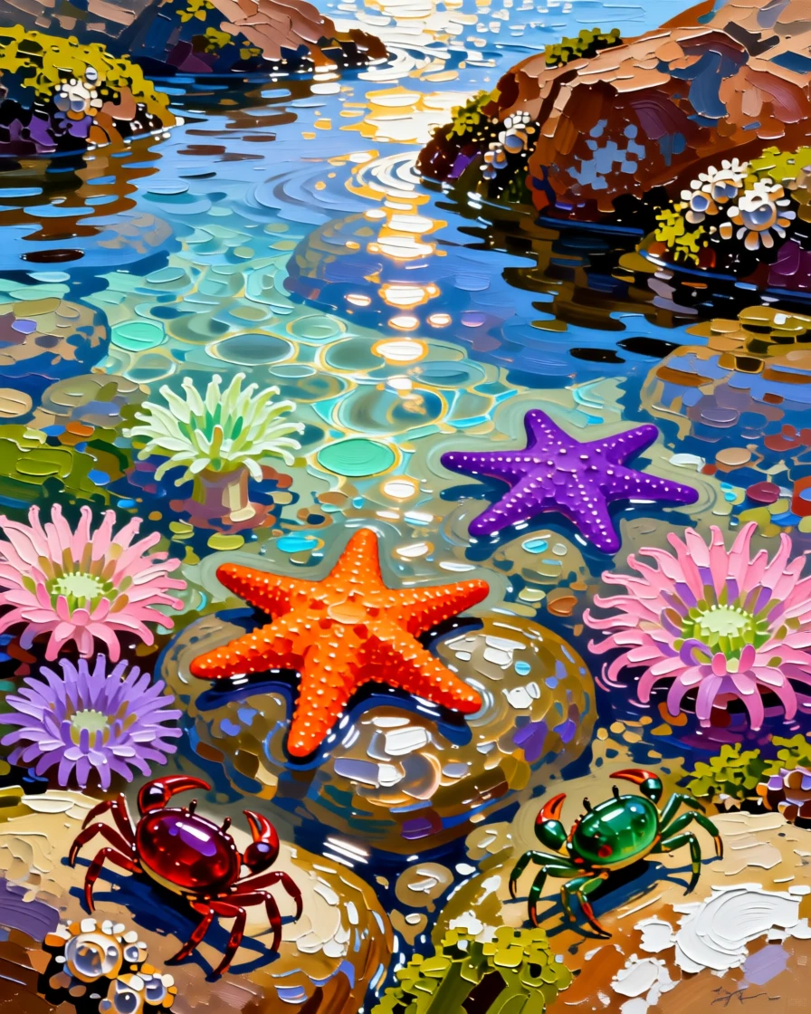A vibrant tide pool teeming with starfish, anemones, and tiny crabs at low tide