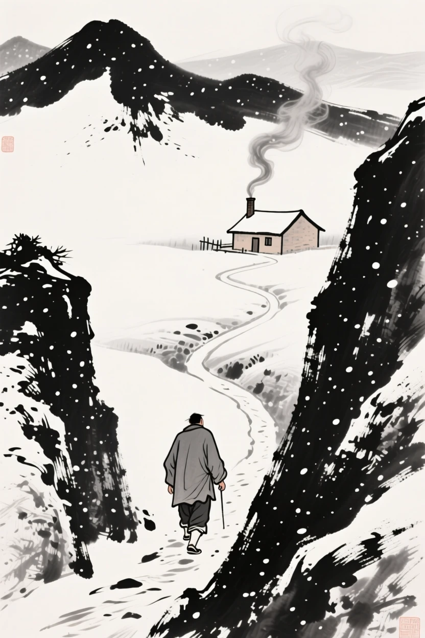 A lone traveler trudges through deep snow along a narrow mountain path, as smoke curls upward from a distant farmhouse.