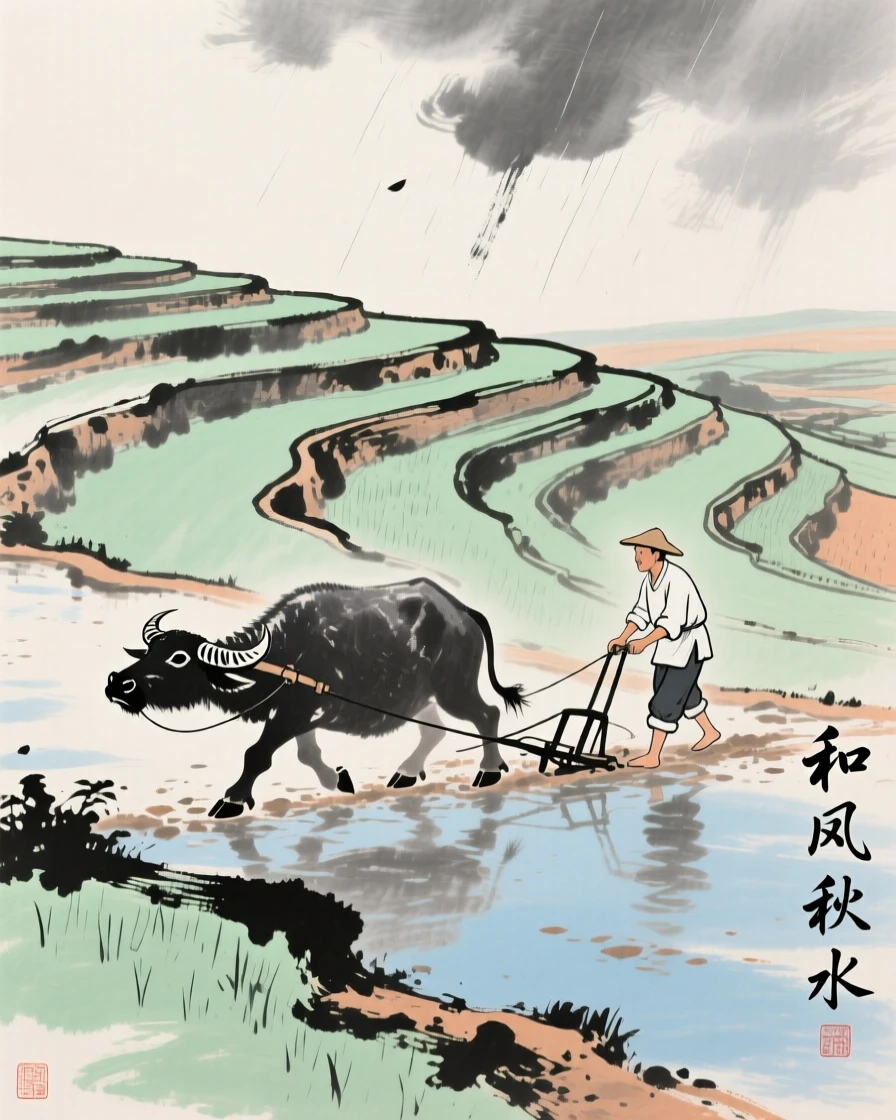 A farmer plowing a terraced field with the help of a water buffalo, conveying a deep sense of harmony with nature, under clearing skies after a storm.