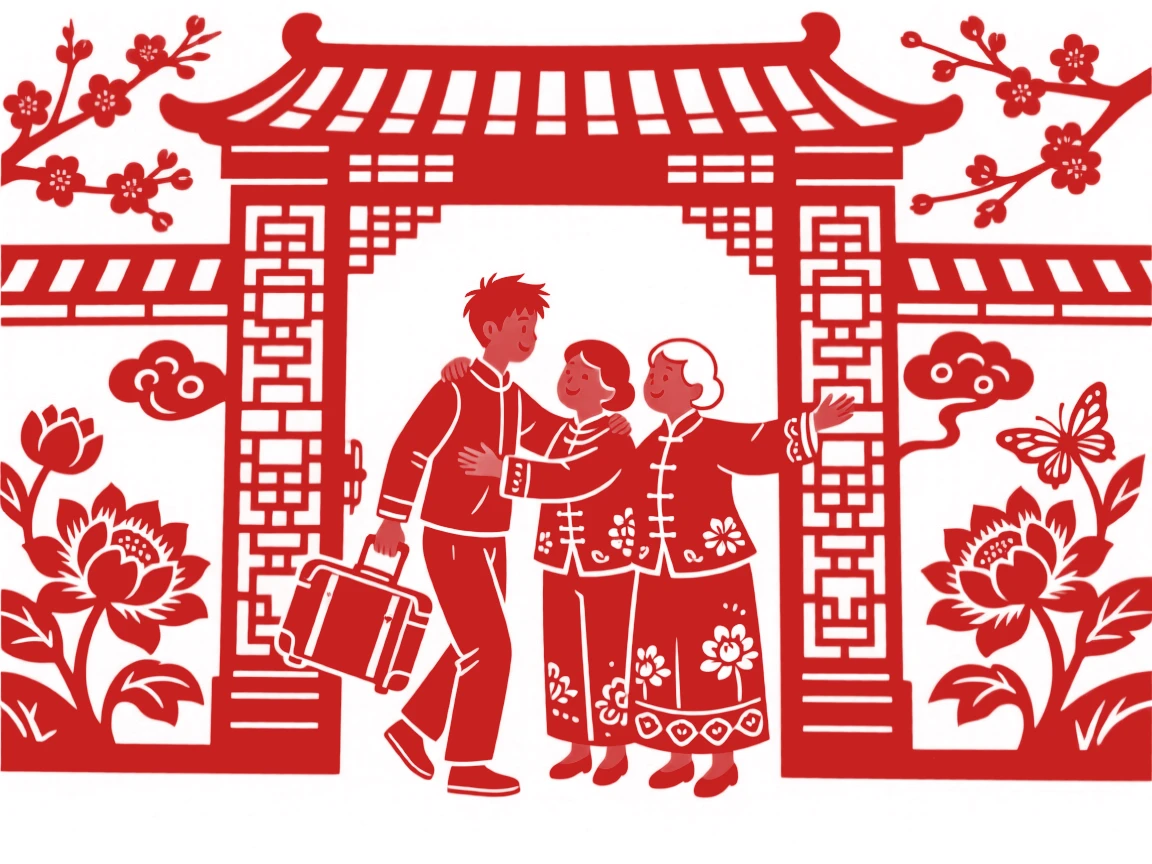 A young man returning home for the holidays, embraced by his waiting parents at the front gate