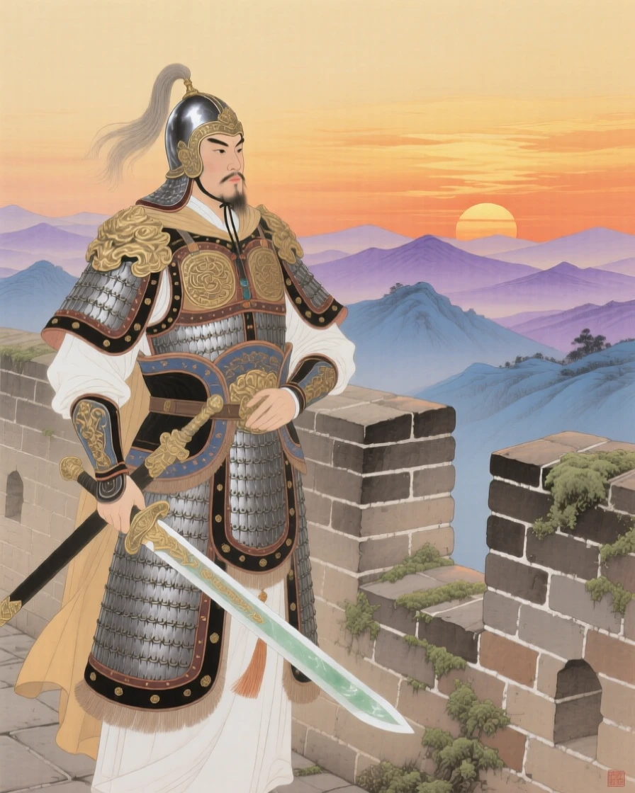 A general in ceremonial armor standing atop a fortress wall at sunset