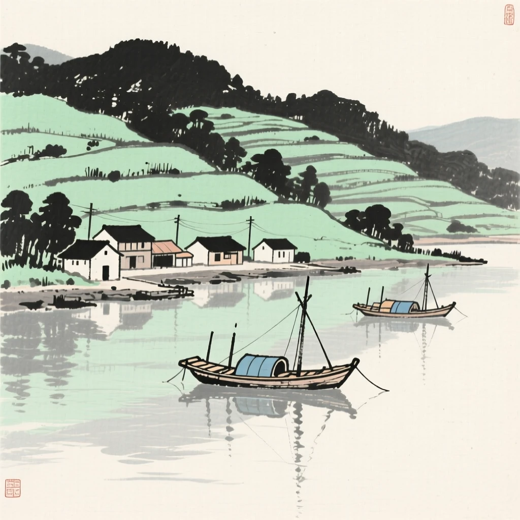 A small fishing village harbor nestled among terraced green hillsides, seen from across still water, reflected on the surface, conveying quiet reverence for the past.