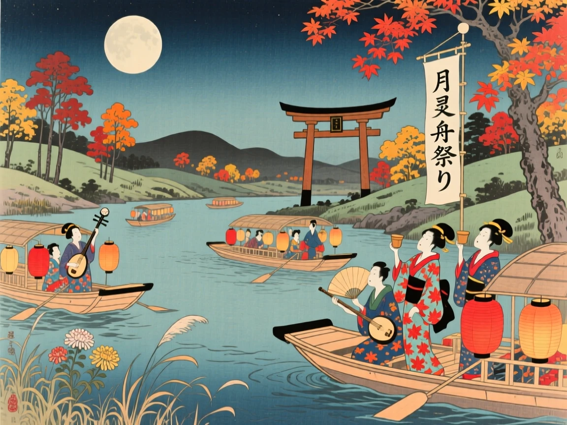 A river boat festival admiring the full autumn moon together.