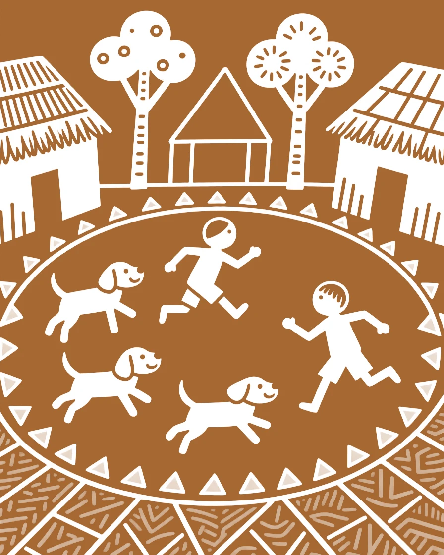 A group of playful puppies chasing children chasing each other around a courtyard.