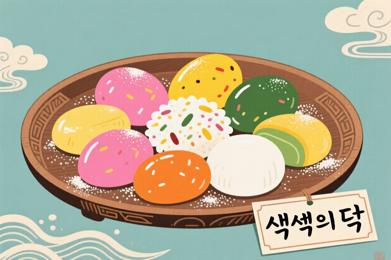 A tray of colorful rice cakes dusted with powdered bean flour.