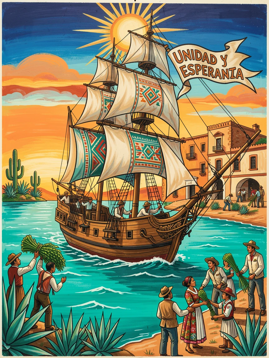 A tall ship sailing across a calm turquoise sea