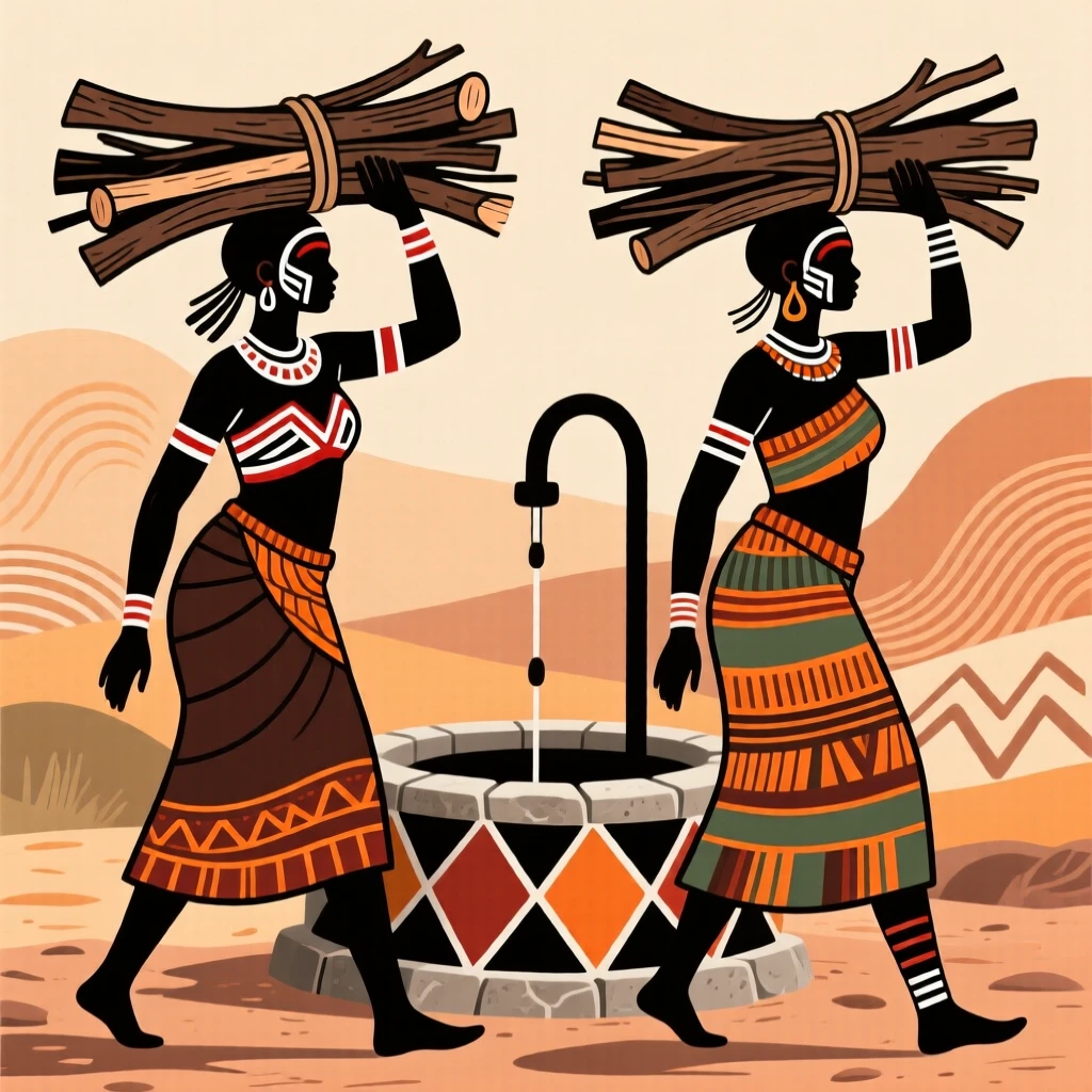 Women carrying bundles of firewood home beside a communal well.