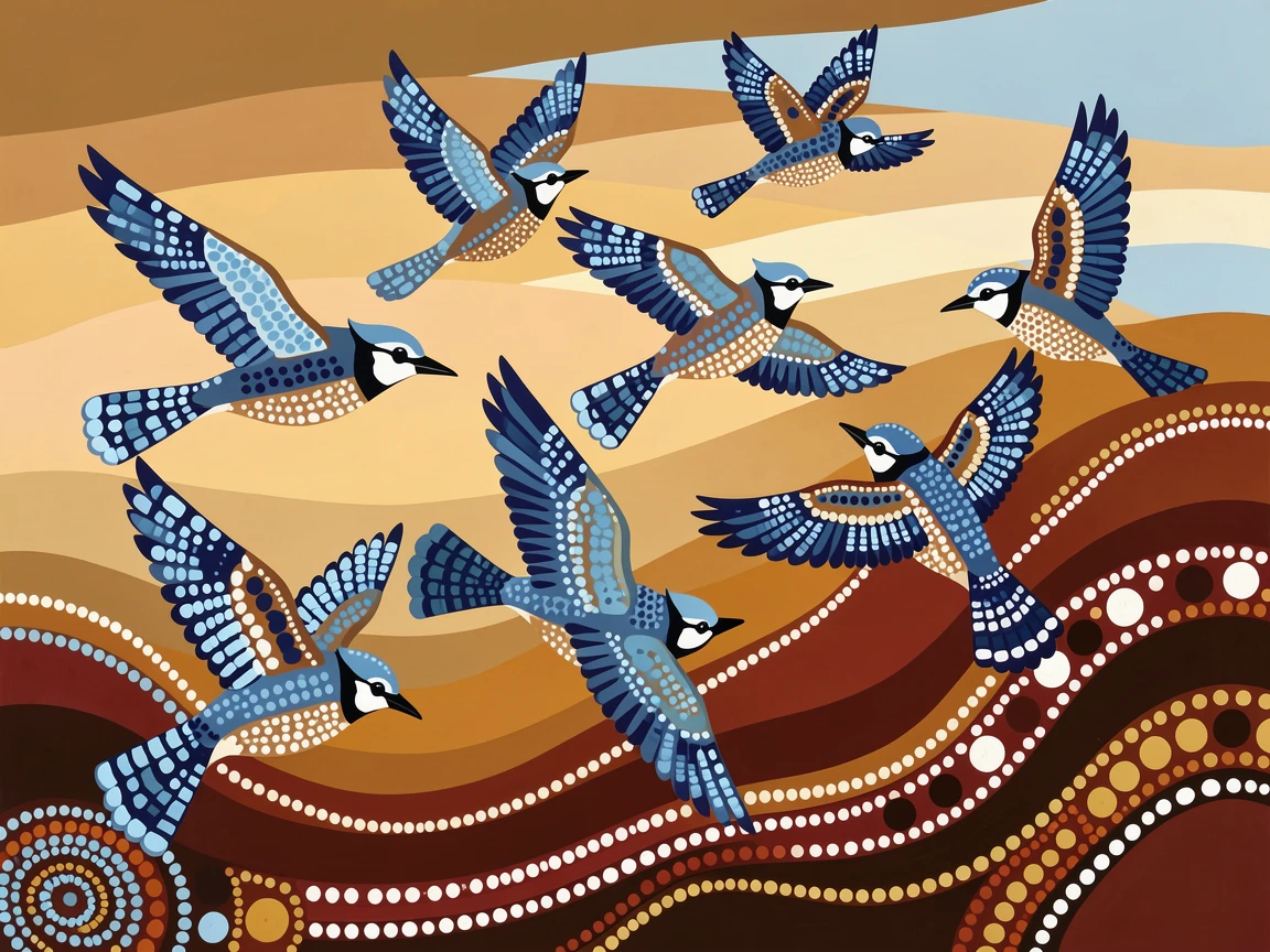 A flock of blue jays taking flight at dawn