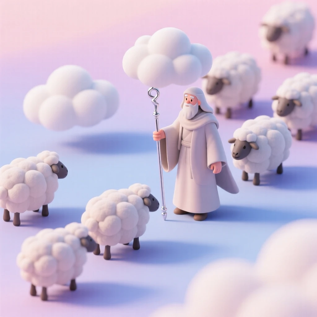 A cloud shepherd guiding fluffy sheep-shaped clouds across a pastel sky using a long silver staff.
