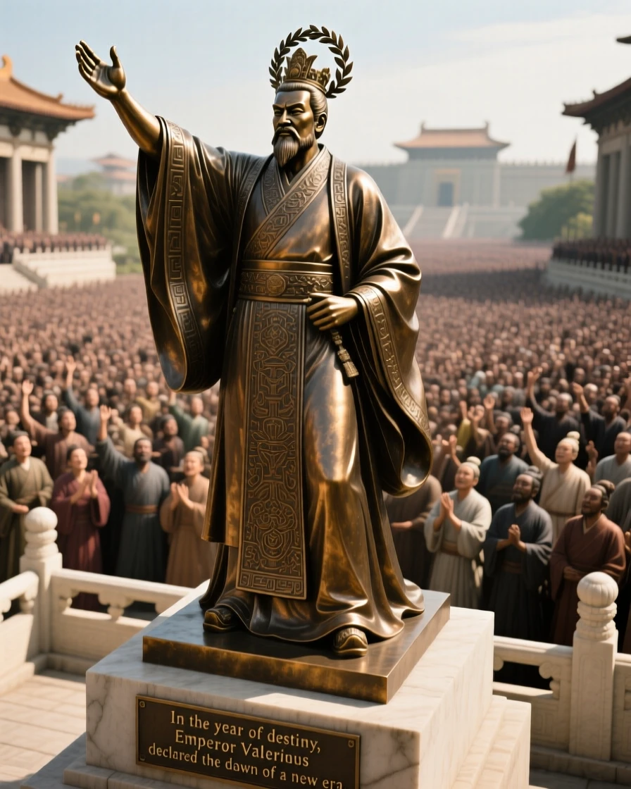 An ancient emperor addressing a vast assembled crowd, capturing a powerful moment of triumph and destiny, evoking legend and timeless drama